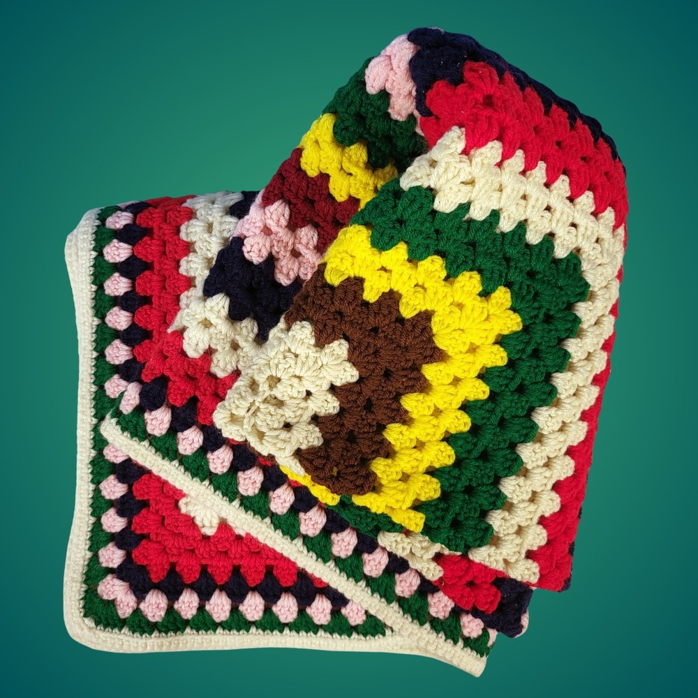 Vintage 1970s Handmade Crocheted Colorful Throw Blanket Afghan‎ 53x47